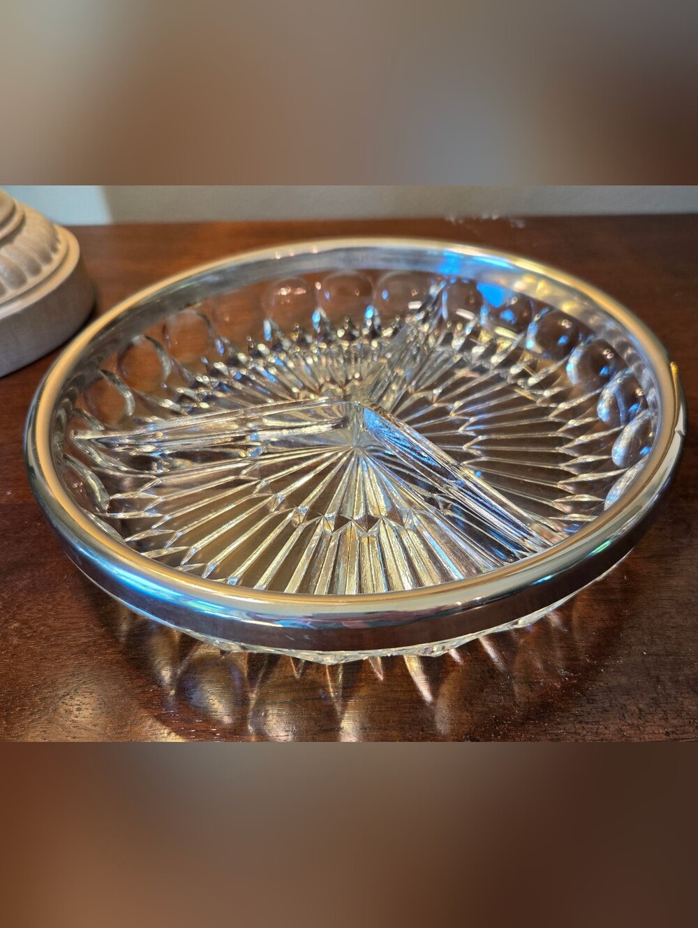 Clear Divided Glass Serving Dish with Silver-Tone Rim